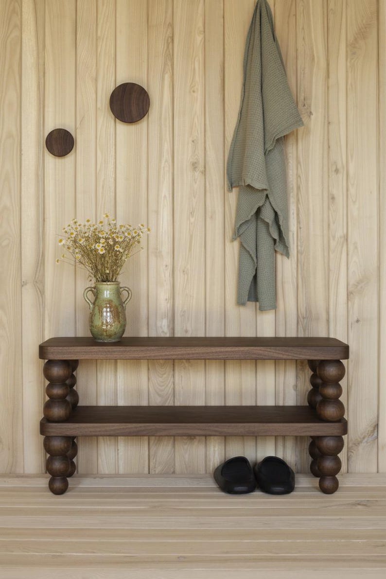 Handmade Shoe Storage Bench – Solid Ash Wooden Entryway Shoe Rack with Beaded Bobbin Legs | Hallway Bench | Custom Size Available