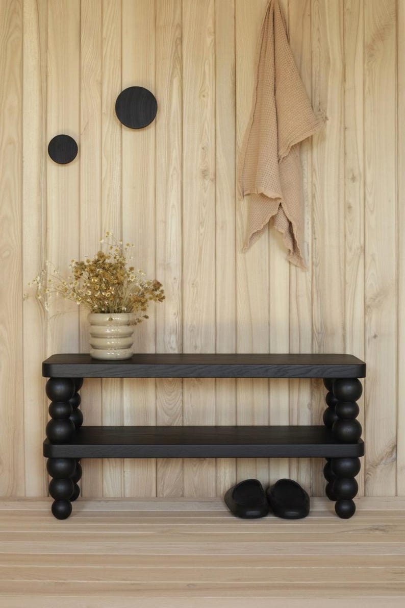 Handmade Shoe Storage Bench – Solid Ash Wooden Entryway Shoe Rack with Beaded Bobbin Legs | Hallway Bench | Custom Size Available