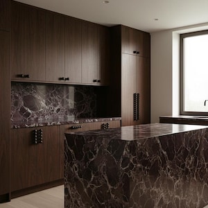 May include: A modern kitchen with dark wood cabinetry and a large island. The countertops and backsplash feature a striking marble pattern in shades of burgundy and white. The room has a minimalist design with a window providing natural light.