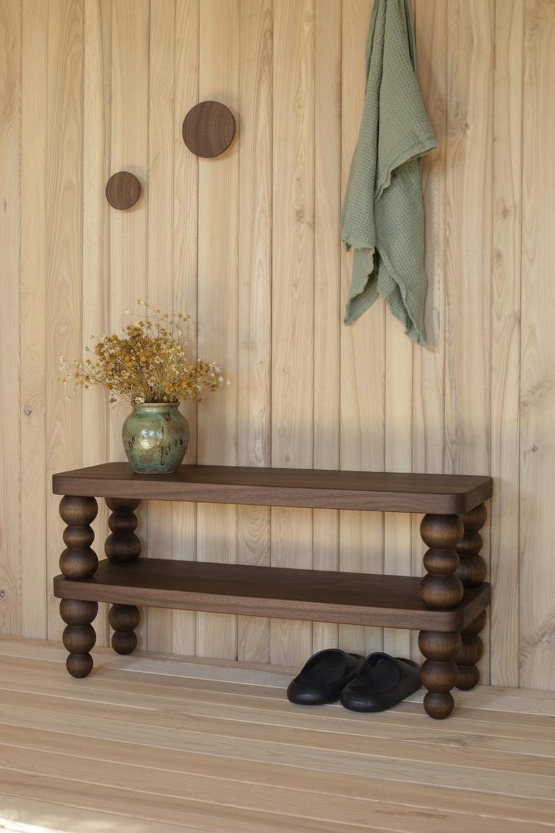 Handmade Shoe Storage Bench – Solid Ash Wooden Entryway Shoe Rack with Beaded Bobbin Legs | Hallway Bench | Custom Size Available