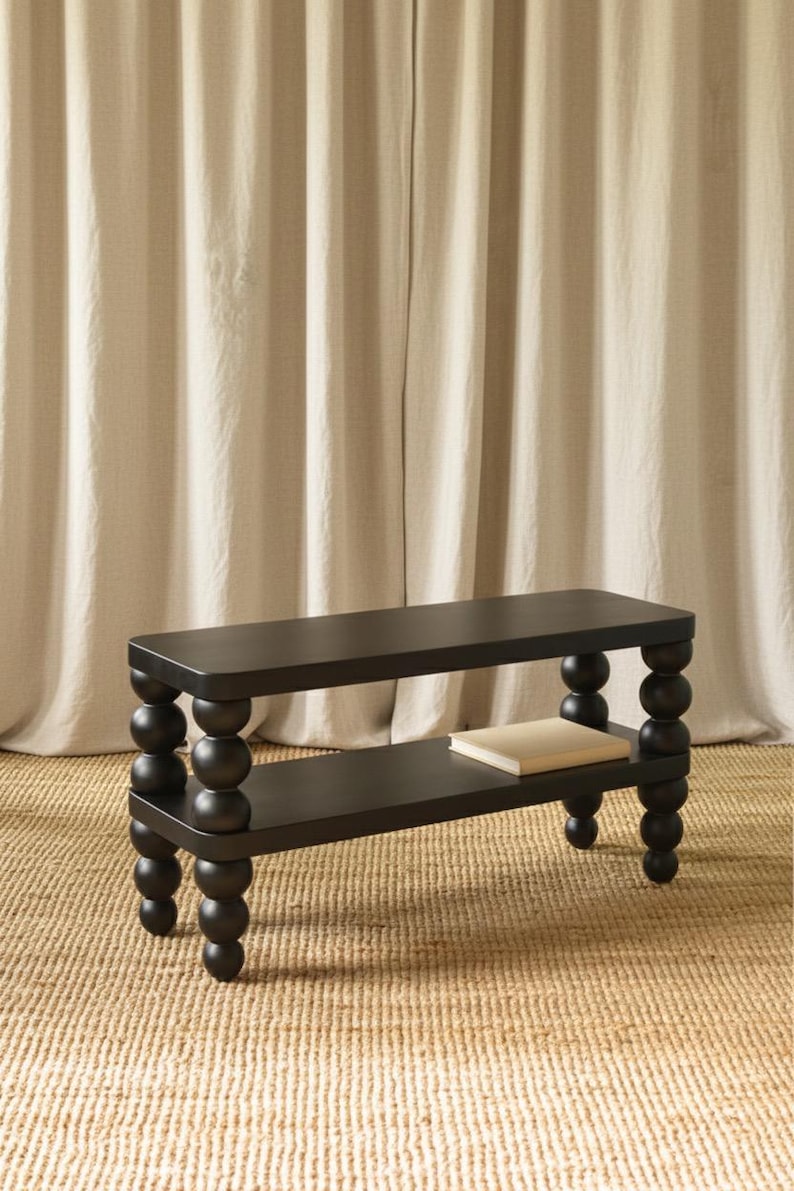Handmade Shoe Storage Bench – Solid Ash Wooden Entryway Shoe Rack with Beaded Bobbin Legs | Hallway Bench | Custom Size Available