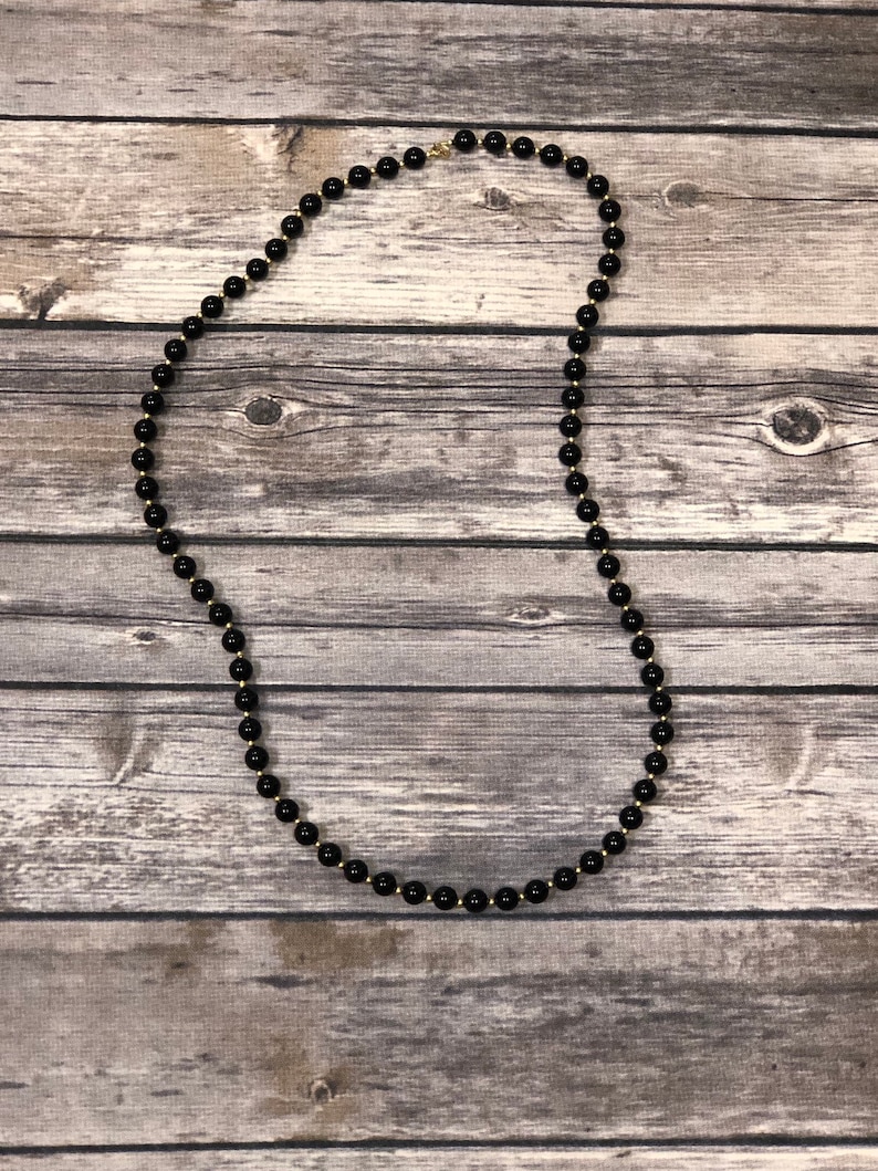 Black onyx and gold accent beaded necklace 29 long