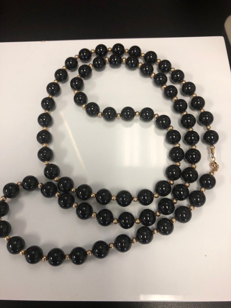 Black onyx and gold accent beaded necklace 29 long