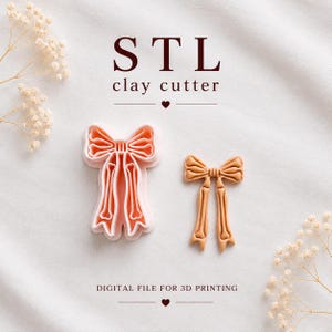May include: A light pink 3D printed clay cutter shaped like a bow with bone-like details, accompanied by a matching peach-coloured clay bow cutout. The image includes the text STL clay cutter and DIGITAL FILE FOR 3D PRINTING.