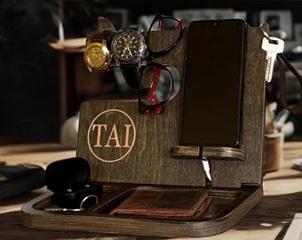 Personalized Wooden Docking Station: Men's Nightstand Organizer Custom Decor Gift For Men Christmas Gifts