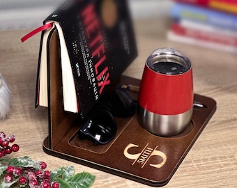 Engraved Wooden Book Nook: Personalized Book Holder, Coffee Cup & Glasses Valet