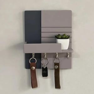 May include: A gray and blue wall-mounted key holder with a small shelf and three hooks. The shelf has a small potted plant on it. The hooks have leather keychains attached.