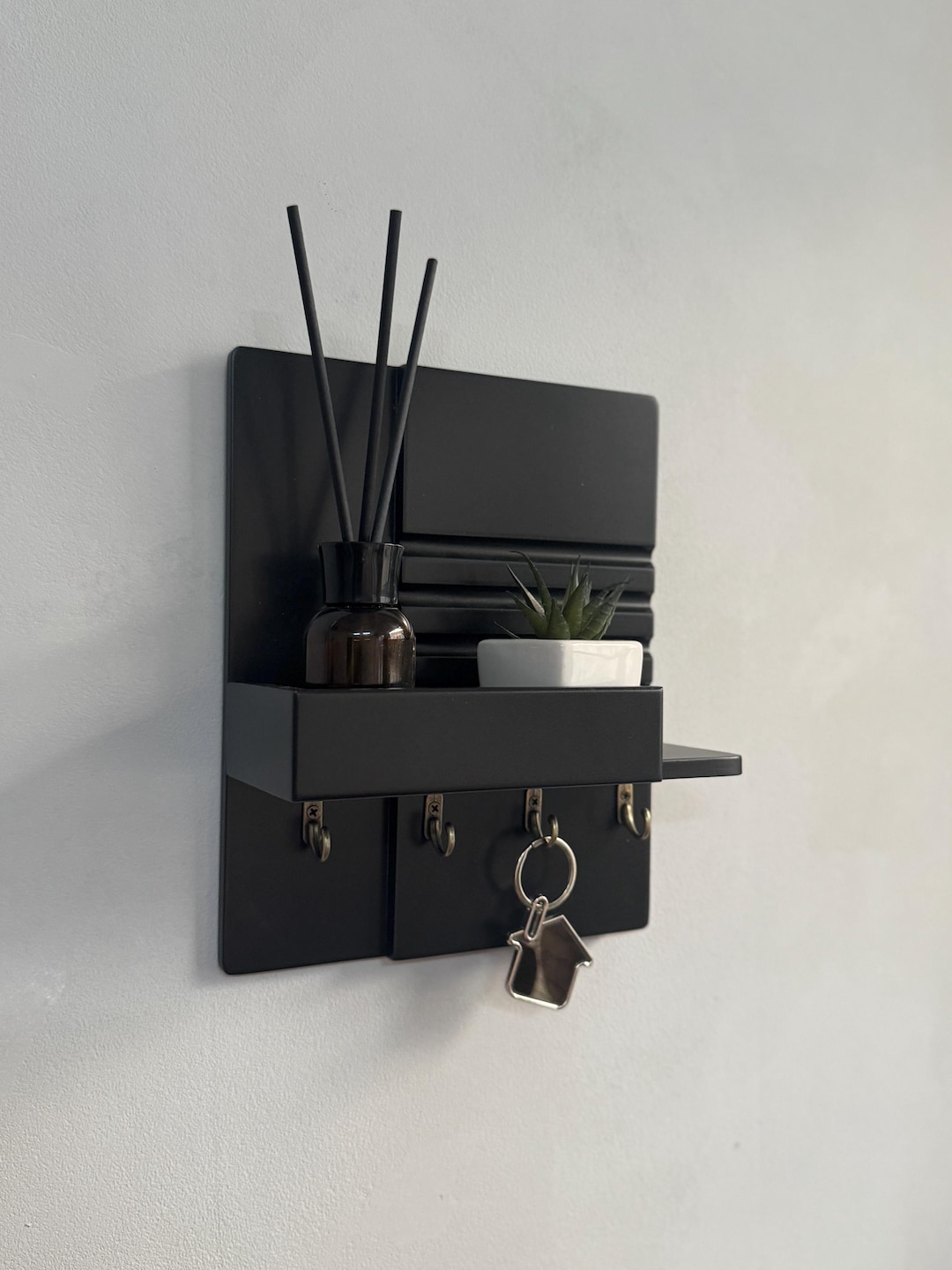 Black Wood Key Holder With 4 Hooks: Minimalist Wall Mounted Key Rack - Etsy