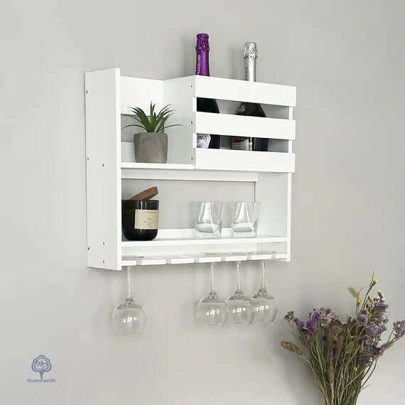 White Wall Mounted Wine Rack: Stemware Bottle Holder