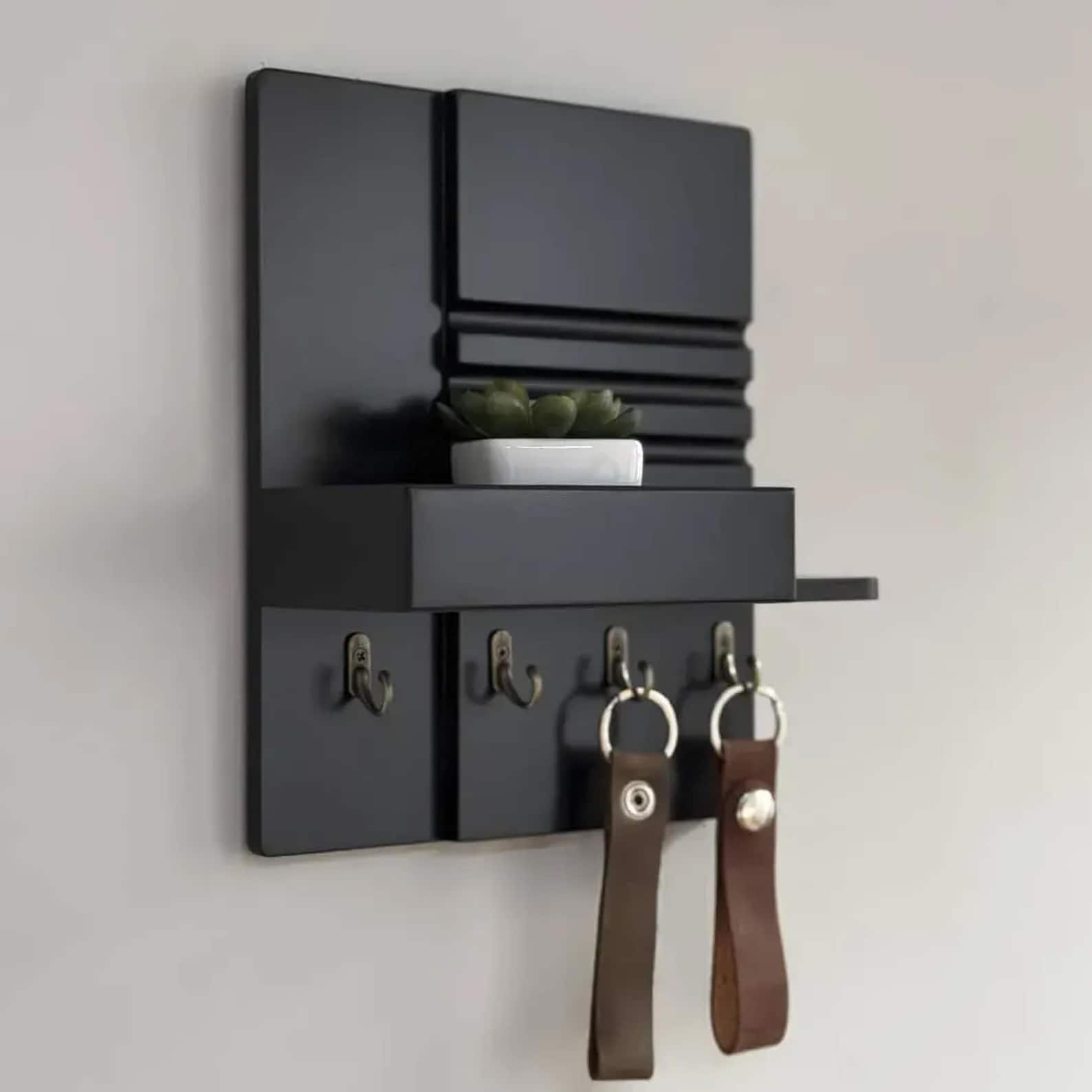 Black Wood Key Holder With 4 Hooks: Minimalist Wall Mounted Key Rack - Etsy