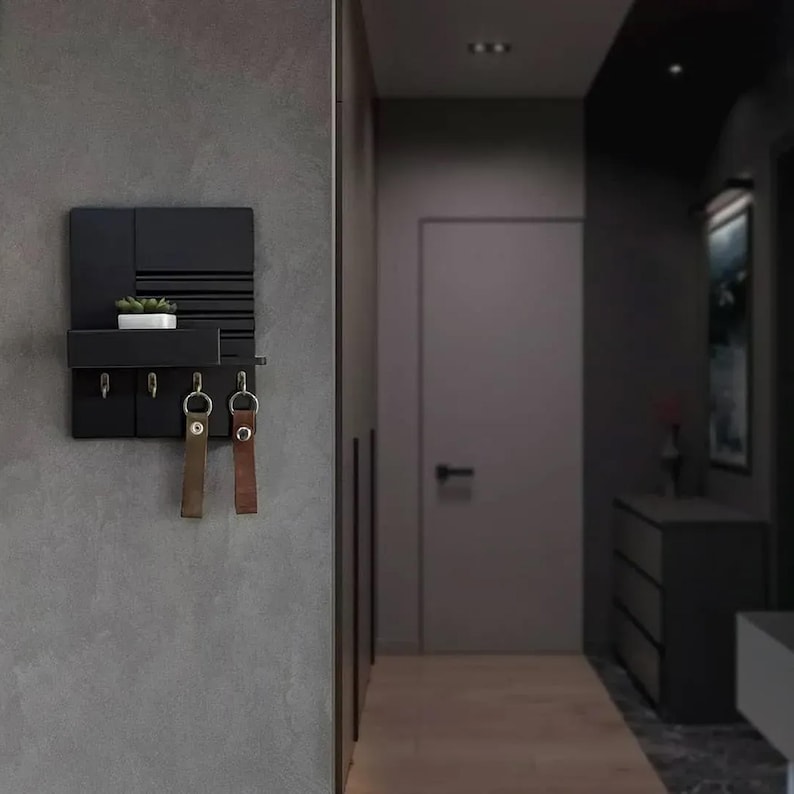 Black Wood Key Holder With 4 Hooks: Minimalist Wall Mounted Key Rack - Etsy