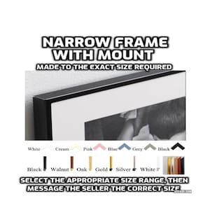 May include: A black narrow frame with a white mount, made to the exact size required. The image shows a close-up of the frame's corner. Text includes color options: white, cream, pink, blue, grey, and black. Additional frame colours are shown below.