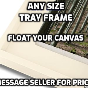 May include: A white tray frame with the text "ANY SIZE TRAY FRAME FLOAT YOUR CANVAS MESSAGE SELLER FOR PRICE" on it. The frame is made of wood and has a white finish.