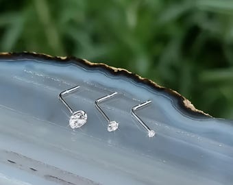 Tiny CZ Nose Pin Ring | 1.5mm 2mm 3mm Silver or Gold L-Shape Nose Stud | Surgical Steel Crystal Nose Piercing Jewelry
