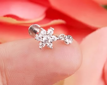 Dainty Flower Dangle Labret 16g | CZ Floral Cartilage Stud | Tragus Helix Conch Piercing Jewelry | Internally Threaded Flat Back Gold Silver