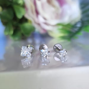 Square Tragus Stud Earring, Dainty Flat Back Earring for Cartilage, Helix & Labret Piercings, Threaded Conch Jewelry, Small Silver Earring