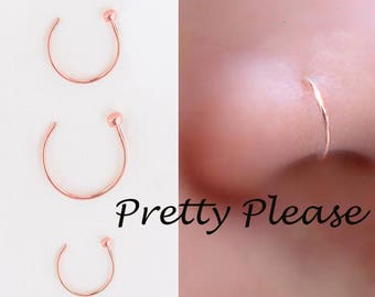 Rose Gold Open Nose Ring Small 925 Silver  Hoop Stud 0.6mm Thick Dia 6mm 8mm