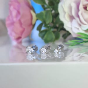 16g Triple Forward Helix Stud, Flatback Earrings for Piercing Jewelry, Tragus Stud, Labret, Conch, Cartilage, Internally Threaded CZ Dainty
