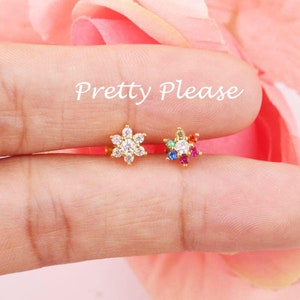 16g Tragus Stud Earring,Dainty Flat Back Earring,Helix Piercing Stud Earring, Cartilage Threaded Earring, Jewelry Labret Stud Rainbow Flower