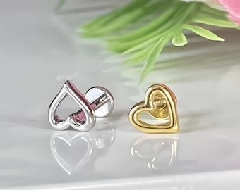 Hollow Heart Cartilage Earring 16g | Flat Back Surgical Steel Labret | Minimalist Boho Tragus Helix Piercing Stud | 14k Gold Silver Plated