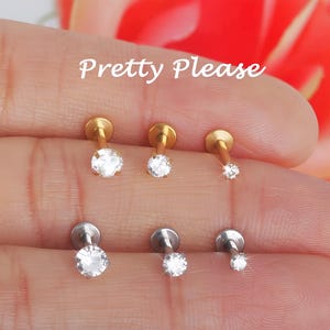 16g Tragus Stud, Flatback Earrings for Tragus Piercing, Helix Stud,  Labret Stud Earrings, Conch Cartilage, Internally Threaded, CZ Dainty