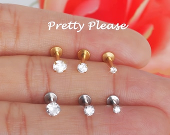 Pendiente de tragus de 16 g, pendientes de parte trasera plana para piercing de tragus, pendiente de hélix, pendientes de labret, cartílago de concha, rosca interna, circonita cúbica delicada