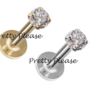 Tragus Stud Earring, Dainty Flat Back Earring, Helix Piercing Stud Earring, Cartilage Threaded Earring, Labret Stud, Piercing Jewelry 3mm Cz