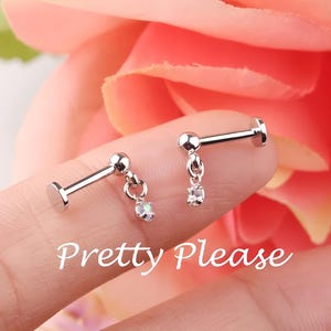 Flatback Stud, Helix, Tragus Piercing, Dangly Labret Stud, Forward Helix,  Cartilage Earring, Screw In, With Crystal Dangle Ball Droplet