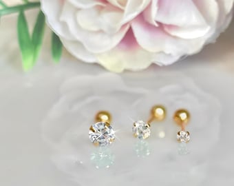 Single Crystal Cartilage Stud 16G  Surgical Steel Screw Ball Back Earring | Minimalist Solitaire CZ Piercing | Gold Silver Tragus Helix Lobe