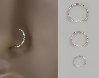 Thin Nose Ring 24g | 925 Sterling Silver Twisted Fake Nose Hoop| Dainty Diamond Cut Helix Piercing | Gold Rose Silver Cartilage Ring 6mm 8mm