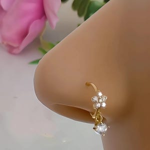 Dainty Nose Ring, Helix Piercing Ring Small, Tragus Hoop Earring, Cartilage Huggie Hoop,CZ Crystal Piercing Jewelry ,Dangly Flower Nose Hoop