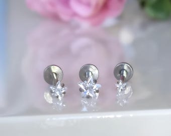 Pendientes delicados de cartílago de 16 g con parte trasera plana, estilo labret de estrella con circonitas cúbicas – Pendientes de plata con rosca interna para piercings de hélix y tragus – 6 mm, 8 mm