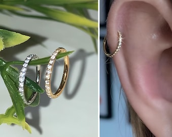 Dainty Nose Hoop Ring 6mm 8mm | Surgical Steel Clicker | Gold Crystal Cartilage Earring | Tragus,Helix, Septum & Conch Piercing Jewelry