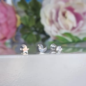 Triple Forward Helix Earring, Moon,Star Labret Stud Earrings, Silver & Gold, Tragus Earrings Flatback Stud, Helix, Cartilage, Gift For Her