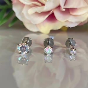 Triple Forward Helix, Flatback Stud, Tragus Earrings, Helix, Conch, Labret Stud, Cartilage Jewelry, Internally Threaded, Rainbow AB CZ