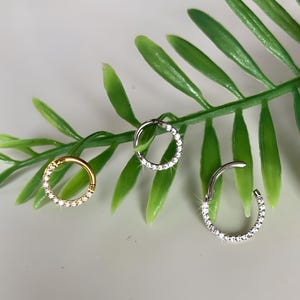 18G Hinged Clicker Thin Hoop Nose Ring | Crystal Helix Earring 6mm 8mm | Gold Silver Surgical Steel Cartilage Tragus Jewelry |  Piercing