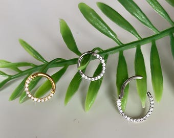 18G Hinged Clicker Thin Hoop Nose Ring | Crystal Helix Earring 6mm 8mm | Gold Silver Surgical Steel Cartilage Tragus Jewelry |  Piercing