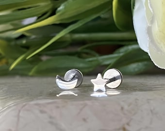 16G Star & Moon Labret Tragus Studs, Flatback earrings for Helix, Tragus Cartilage Piercings , Internally Threaded Gold , Silver, 6mm , 8mm