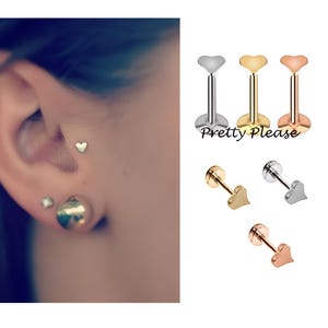 Tiny Threaded Heart Labret Stud, Silver,Gold,Rose Gold, Tragus Stud , Helix Piercing, Conch Stud Earring, Cartilage Earrings, Flatback