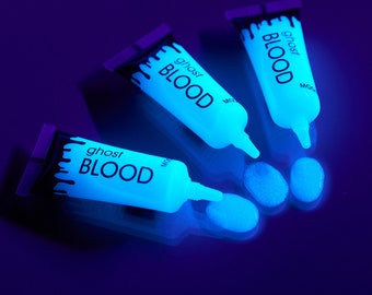 Ghost Blood by Moon Terror - Fake Blood - dries invisible but glows blue under UV Lighting - SFX Special Effects Make up for Halloween