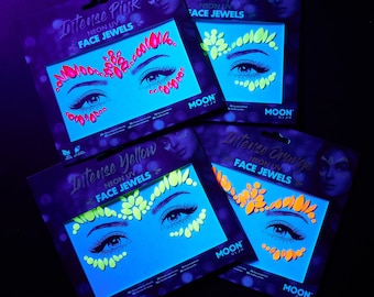 Neon UV Face Jewels by Moon Glow - Festival Face Body Gems, SFX Make up, Crystal Make up Eye Glitter Stickers, Temporary Tattoo Jewels