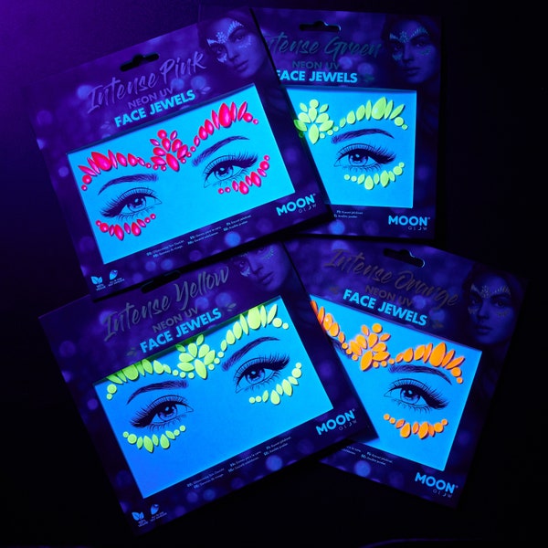 Neon UV Face Jewels par Moon Glow - Festival Face Body Gems, SFX Make-up, Crystal Make up Eye Glitter Stickers, Temporary Tattoo Jewels