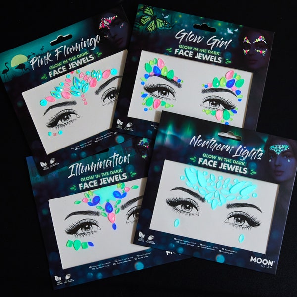Glow in the Dark Face Jewels by Moon Glow - Festival Face Body Gems, SFX Make up, Crystal Make up Eye Glitter Stickers, Temporary Tattoo