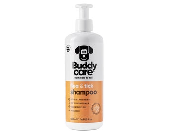 Shampooing anti-puces et tiques pour chiens par Buddycare - Élimine les puces, les tiques et les acariens - Shampooing nettoyant en profondeur pour chiens, arbre à thé et eucalyptus