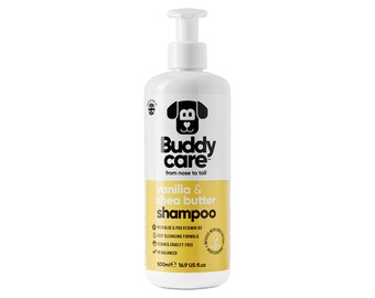 Buddycare - Shampoo per cani alla vaniglia e burro di karité - Shampoo idratante per cani - Fresco profumo - Con aloe vera e pro-vitamina B5