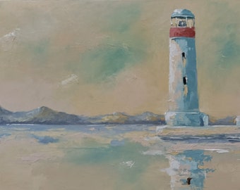 Lighthouse on the sea. Original oil painting on canvas