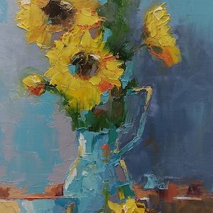 still life with sunflowers art. Sunflowers in vase. flowers original painting for gift