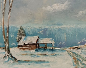 Small house in snow. Original, small oil painting