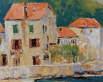 Komiza Village, Vis – Adriatic Oil Painting on Panel. Croatian original artwork