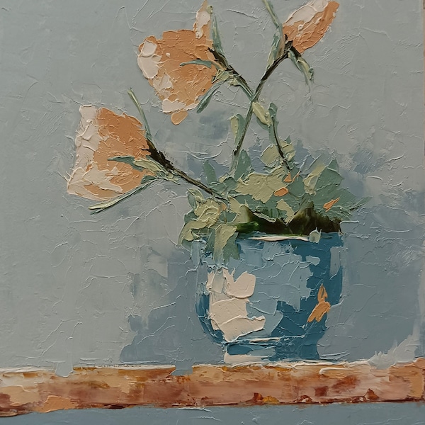 Small original still life with flowers. Oil painting